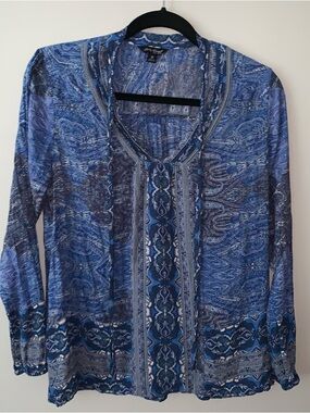 Lucky Brand Blue Paisley V-Neck Long Sleeve Blouse